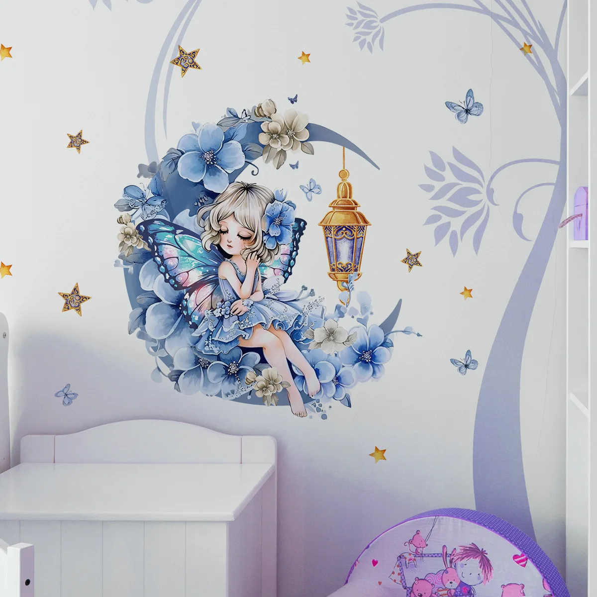작은 신선한 달 잠자는 소녀 별 꽃 벽 스티커, 거실 아기 소녀 침실 장식, 벽 데칼, 자체 접착 벽지