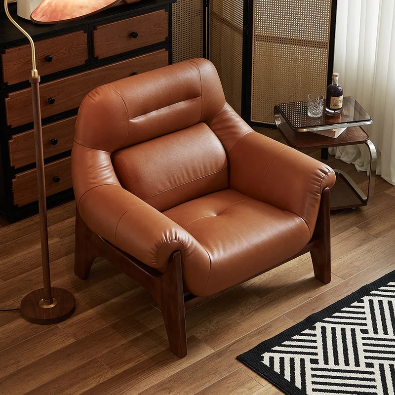 

！@Antique Vintage Italian Leather Sofa 45D Sponge Filled Grainy Head Layer Cowhide Imported Latex Single Genuine Leather Villas