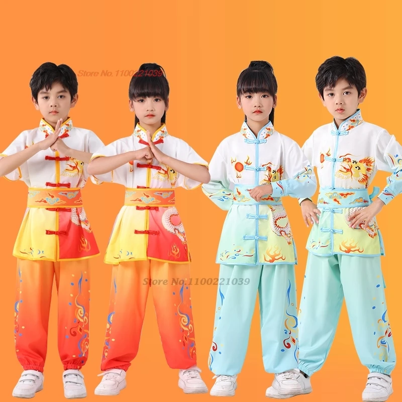 

2024 chinese children wushu shaolin kung fu uniform dragon print martial art suit tai chi wushu training exercise practice suit