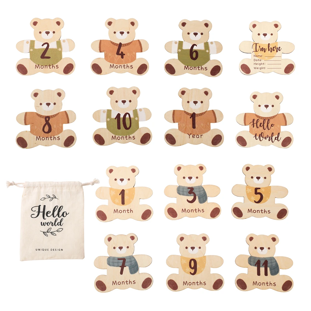 

7PCS Baby Wooden Monthly Milestone 0-12 Monthly Cute Little Bear Shape Photography Props Accessories Newborn Commemorative Gift