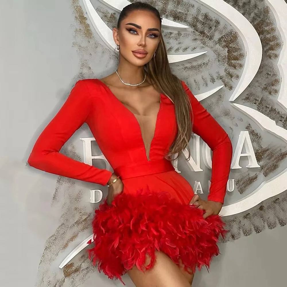 Sexy Short One-step Skirt Women's V-neck Gorgeous Feather Skirt Bandage Short Dress New Fashion Party Solid Color Evening Dress