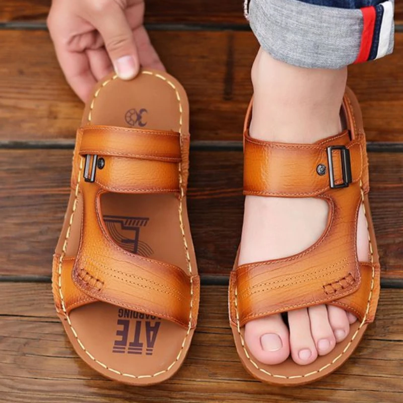 

Slippers Shoes for Men Man Sandals Flat Genuine Leather Open Beach Indoor Ankle Wrap Number 41 Pvc V Daily Use New Fashion Eva