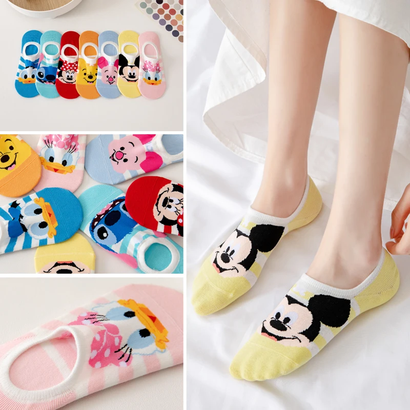 7 Pairs Disney Women Socks Cartoon Mickey Minnie Winnie Daisy Stitch Summer slipper Socks Non-slip silicone invisible Ankle Sock