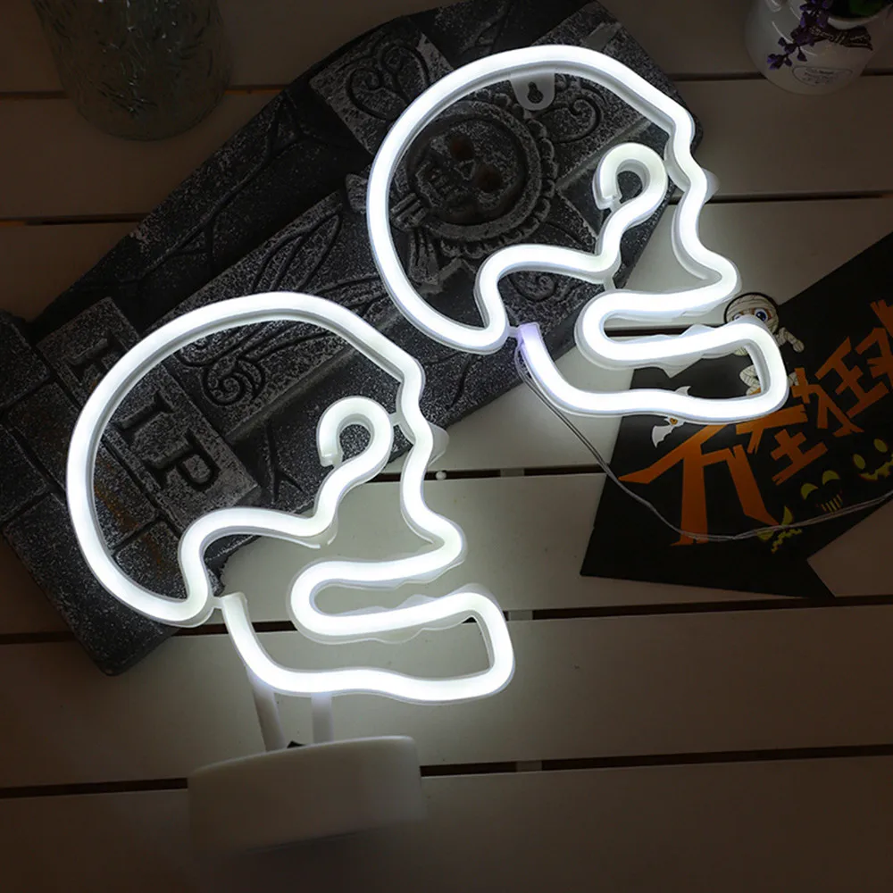 

Skull Neon White Light Sign LED Halloween Decoration Lights USB and Battery Powered Room Home Decor Table Night Lights 07