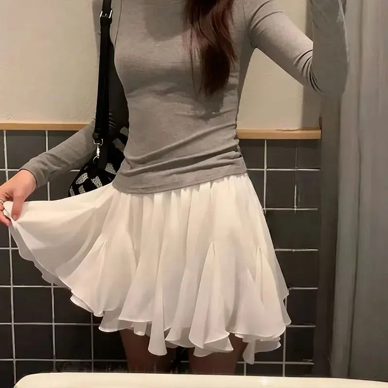 

Korean Pleated Fashion Irregular Mini Skirts Women's Clothing High Waist Summer Ruffles A-Line Elastic Basic Solid Color Skirts