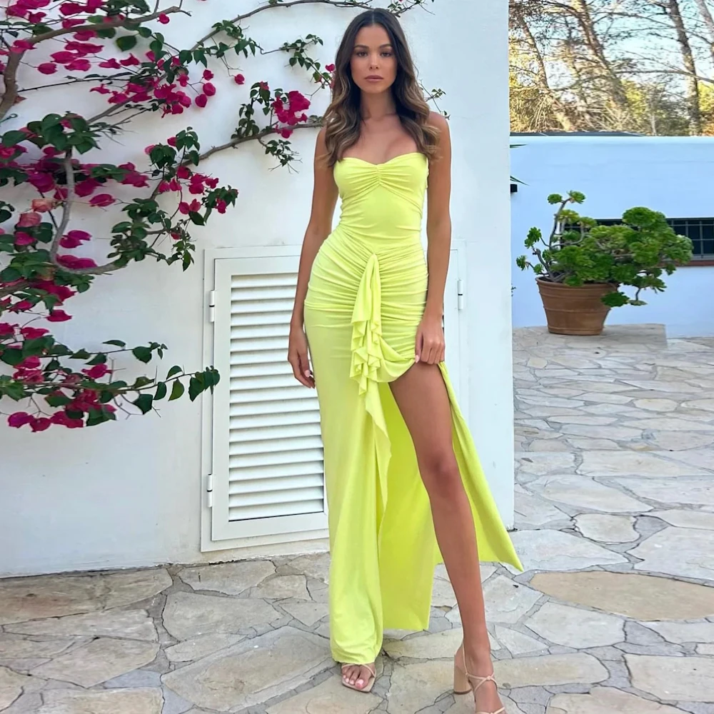 

ROSELLA Yellow Halter Evening Dresses Pleated Sexy Mermaid Birthday Party Dress Ruffles High Split New 2023