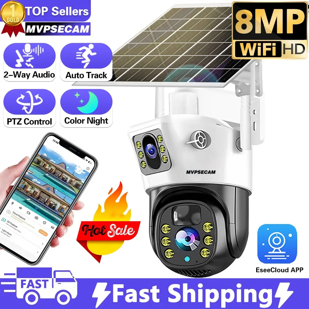 

EseeCloud 4K 8MP WiFi Solar Battery PTZ Camera Dual Lens Dual Screen Outdoor AI Tracking Security Protection Video Surveillance