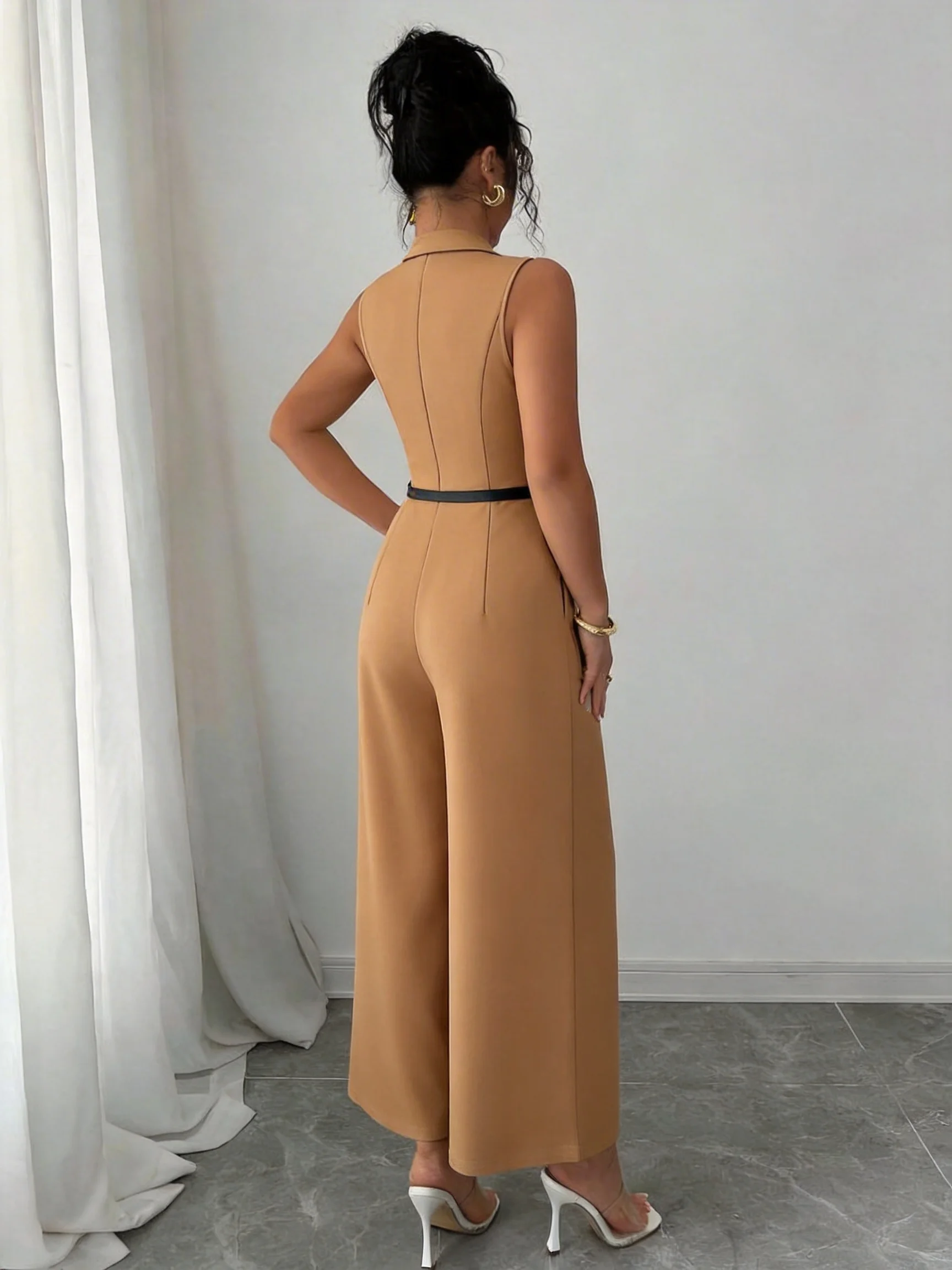 Women's Elegant Lapel High Waist Wide Leg Jumpsuit Casual Versatile Fashion Outfit for Daily Commute And Dating
