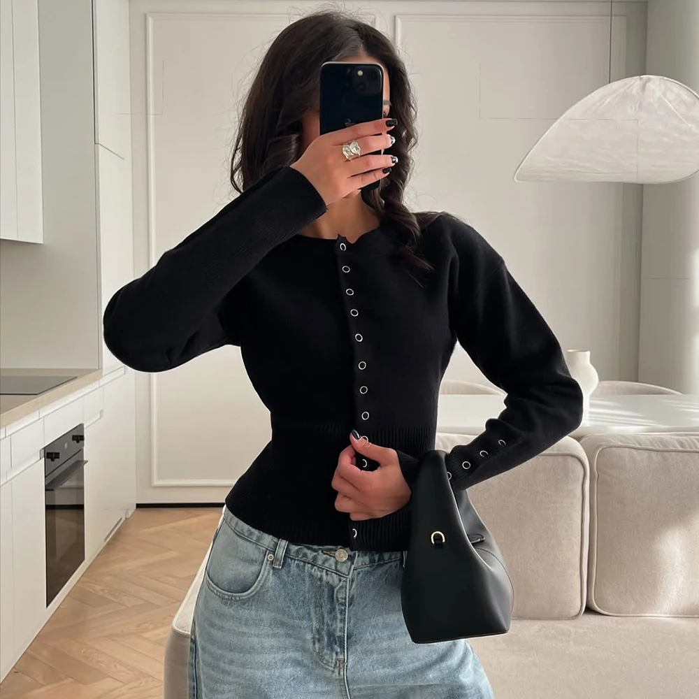 

Tuularose Women's Spring Cardigan Round Neck Button Casual Solid Knit Sweater Fashion Street High Waist Short Top Sweater Female