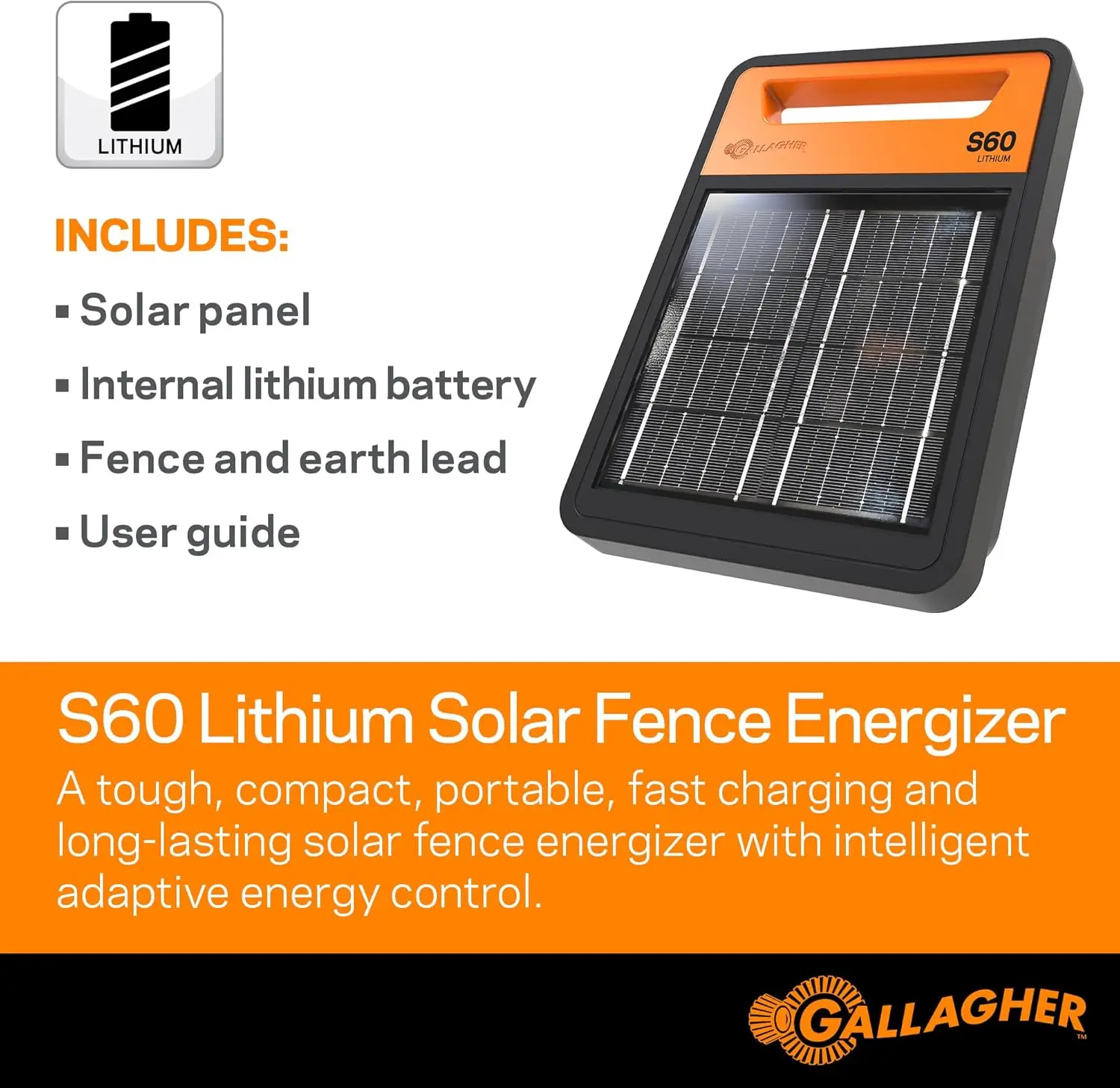 Gallagher S60 Solar Electric Fence Charger | Powers Up To 6 Miles Of Typical Fence | Solar Lithium Technology | 0.6 Joule Solar