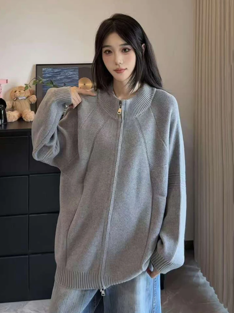 

Мужской серый вязаный свитер свободного кроя на молнии с воротником-стойкой, кардиган с двойной молнией, плотный, для осени