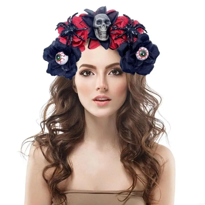 

C71F Scary Hairband Skull Flower Hairhoop Halloween Party Costume Props Headband Bloody Hairband Adult Party Hairband