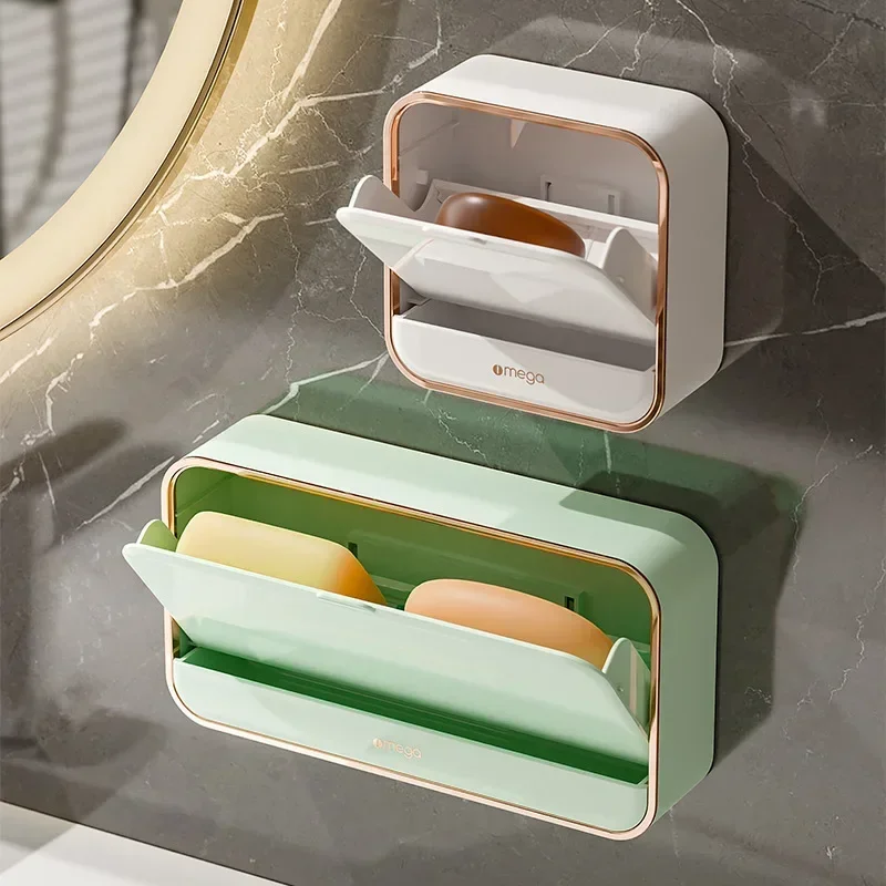 Creative Wall Mounted Soap Box With Lid Double Grids Soap Draining Rack Holder Bathroom Soap Bathroom Accessories