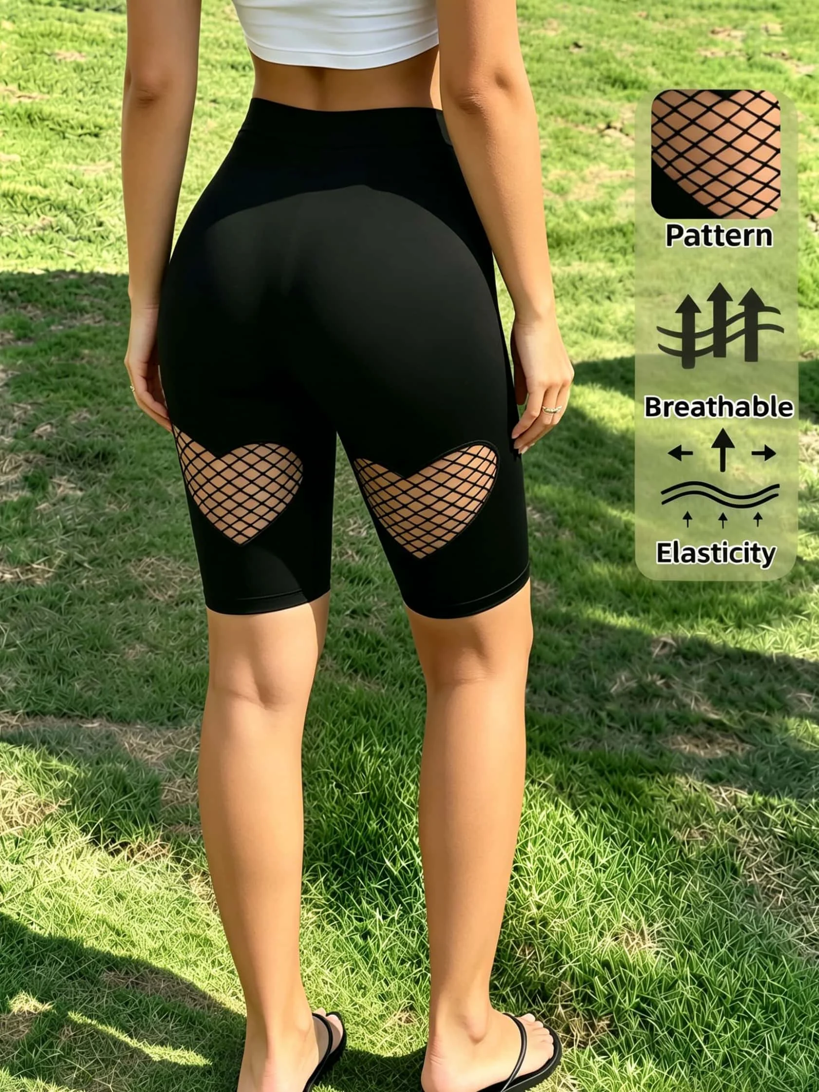 

Women's High Waist Heart Fishnet Hollow Out Shorts High Elastic Breathable Black Shorts for Daily Club