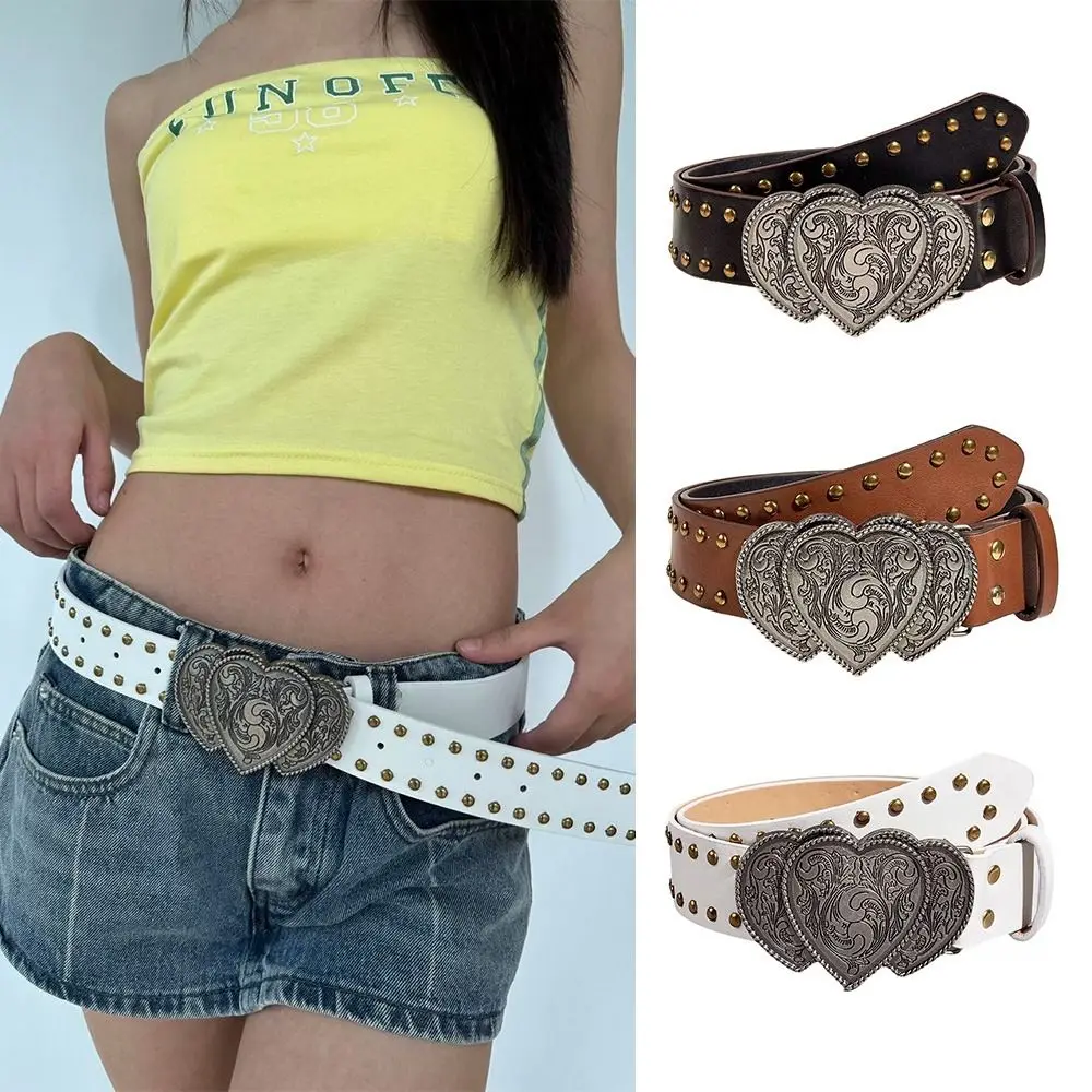 Heart Solid Gothic Punk Rivet Belts PU Leather Wide Jeans Pants Decorative Waistband Vintage Y2k