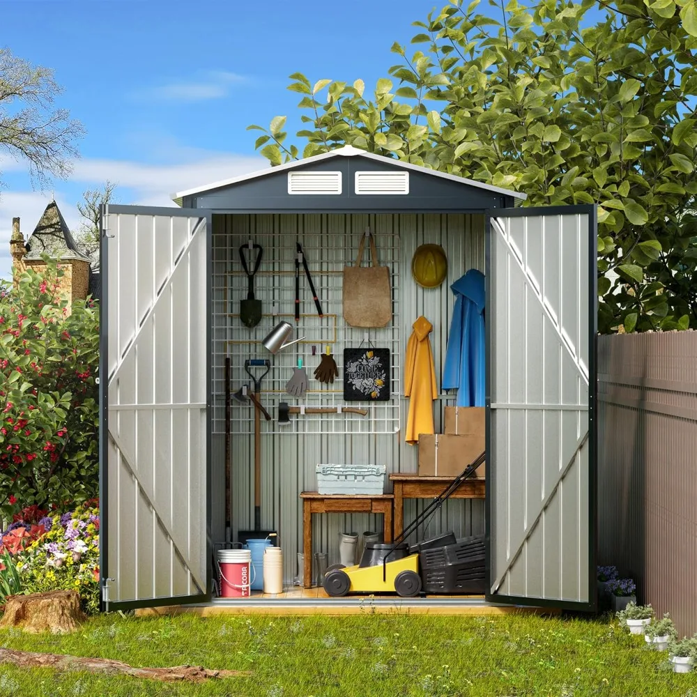 

5x3X6.3FT Vertical Outdoor Steel Storage Shed with Double Lockable Doors and Frame Floor , Compact Bike Shed for Garden