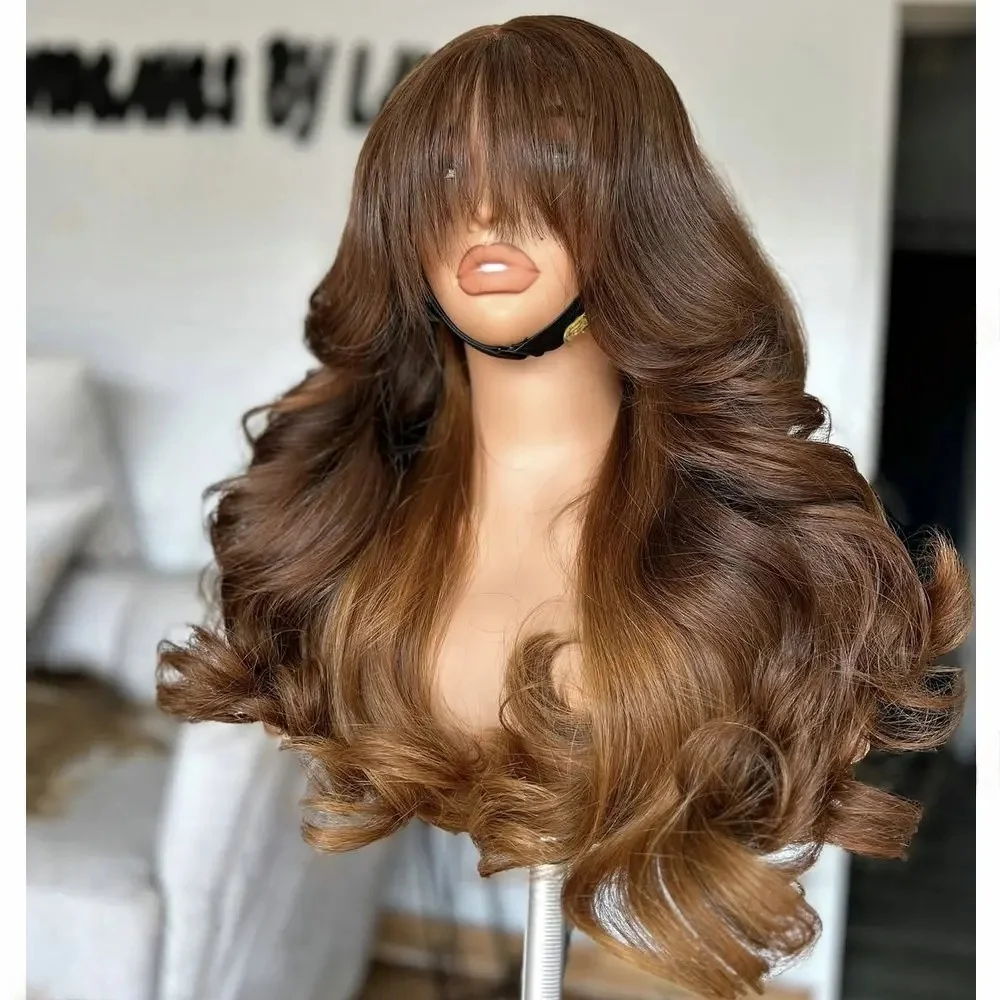 تسليط الضوء على براون طويل 26 بوصة لينة الجسم موجة 5x5 قاعدة الحرير باروكة من شعر طبيعي يهودي مع شعر الطفل HD الدانتيل الشعر الأوروبي قبل قطعها #2