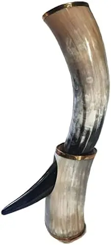 Handmade Real Ox Horn Beer Glass Vessel with Brass Rim Stand