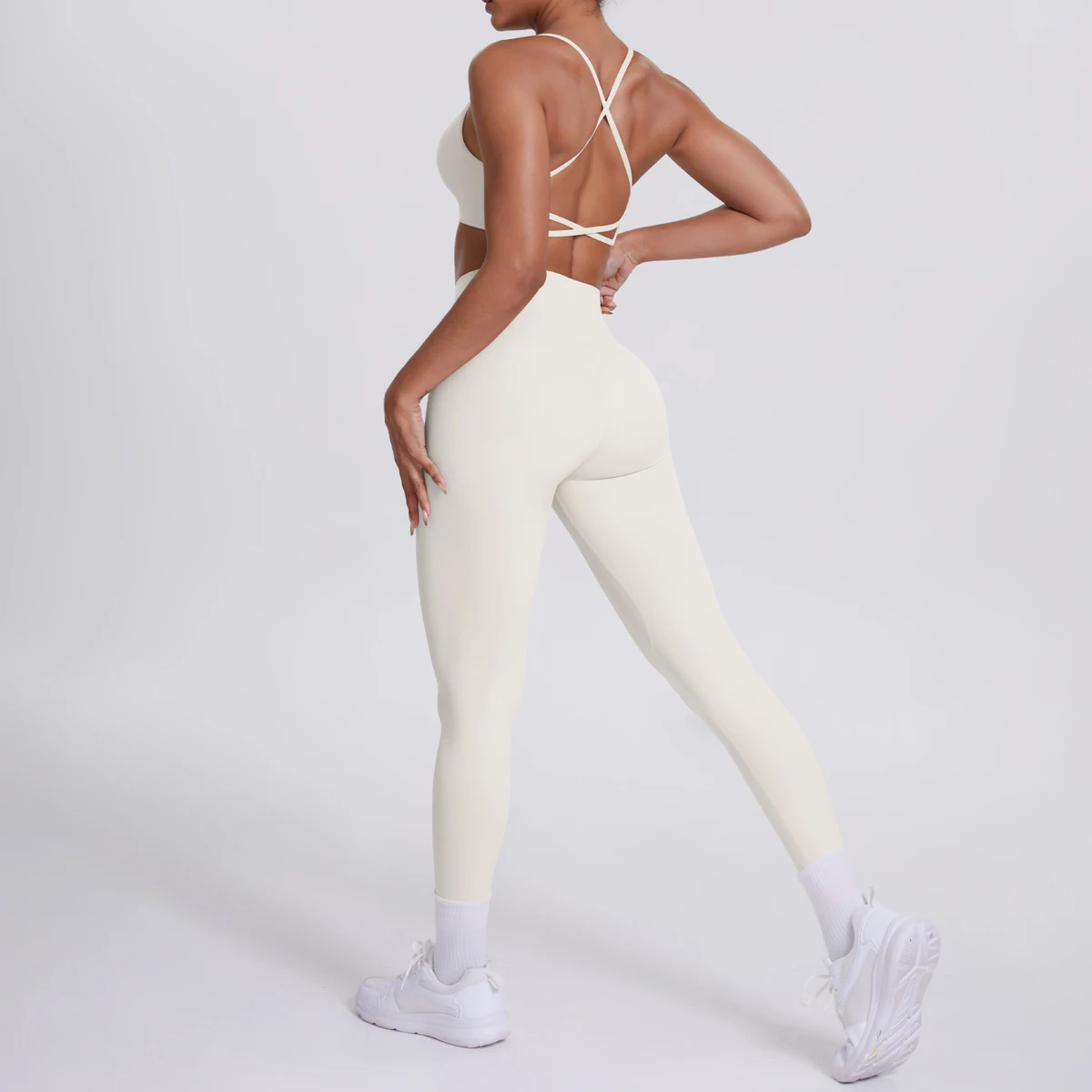Yoga-Anzug, Sport-Set, Fitnessstudio, nahtlos, stoßfest, Sport-BH, Damen, hohe Taille und Hüften, eng, pfirsichfarbene Gesäßhose, Damen-Sportbekleidung – Detail 18