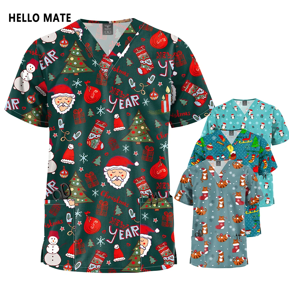 

New Christmas Printing Medical Uniform Stretch V-Neck Pockets Surgical Uniforms Woman Men Dental Doctor Uniform Short-Sleeve Top