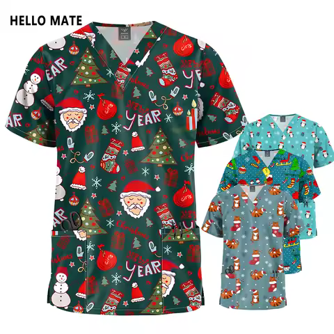 New Christmas Printing Medical Uniform Stretch V-Neck Pockets Surgical Uniforms Woman Men Dental Doctor Uniform Short-Sleeve Top