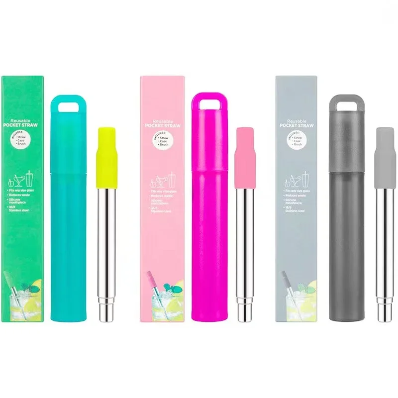 

Telescopic Reusable Drinking Straws Stainless Steel Metal Straws Folding Straw Set With Case Cleaning Brush Camping Travel Straw
