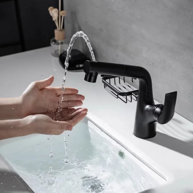 

Pull-out Faucet Hot and Cold Household Bathroom Above Counter Basin Wash Basin Sink Single Hole Faucet Gun Gray
