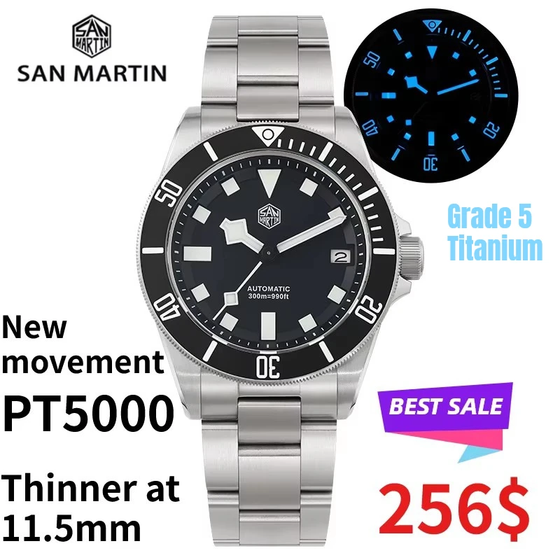 San Martin SN0121T Titanium Diving Watch PT5000 Automatic Movement Watches Grade5 Titanium 120 Click Waterproof 300m Wristwatch