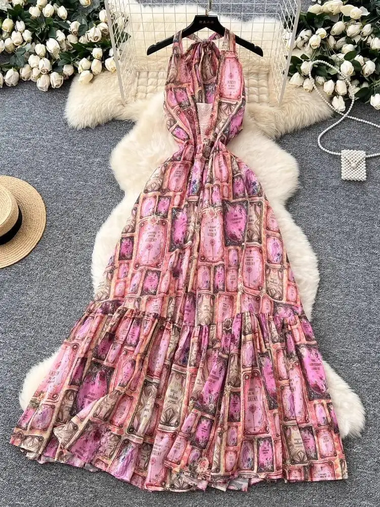 Women Sexy Hanging Neck Beach Dress Summer High Waist Ruffle Printed Long Dresses Ladies Vintage Chiffon Boho Long Robe Vestidos