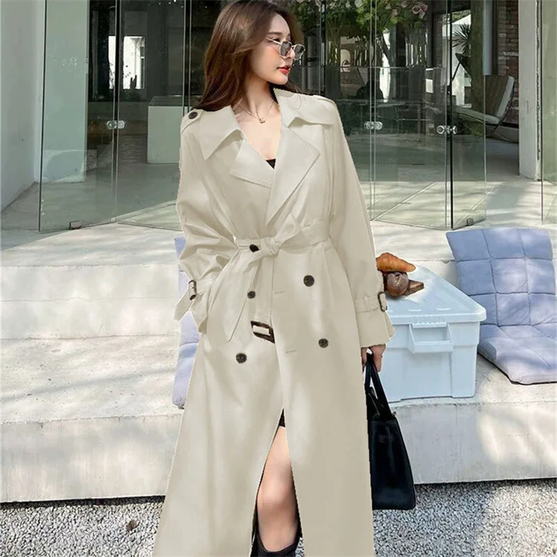 الخريف الشتاء واحدة الصدر بدوره إلى أسفل طوق خندق مكتب معطف سيدة مع الزنانير النمط البريطاني منتصف طول الصلبة معطف المرأة #6