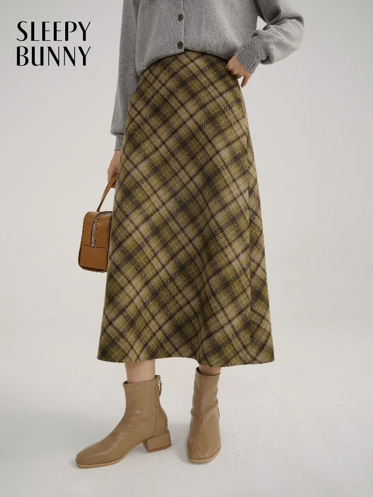 

Skirt Women Clothes Elegant Retro Vintage Wool-Like Plaid Skirt High Waist A-Line Slim Fit Skirt Checkered Warm Winter Outfit