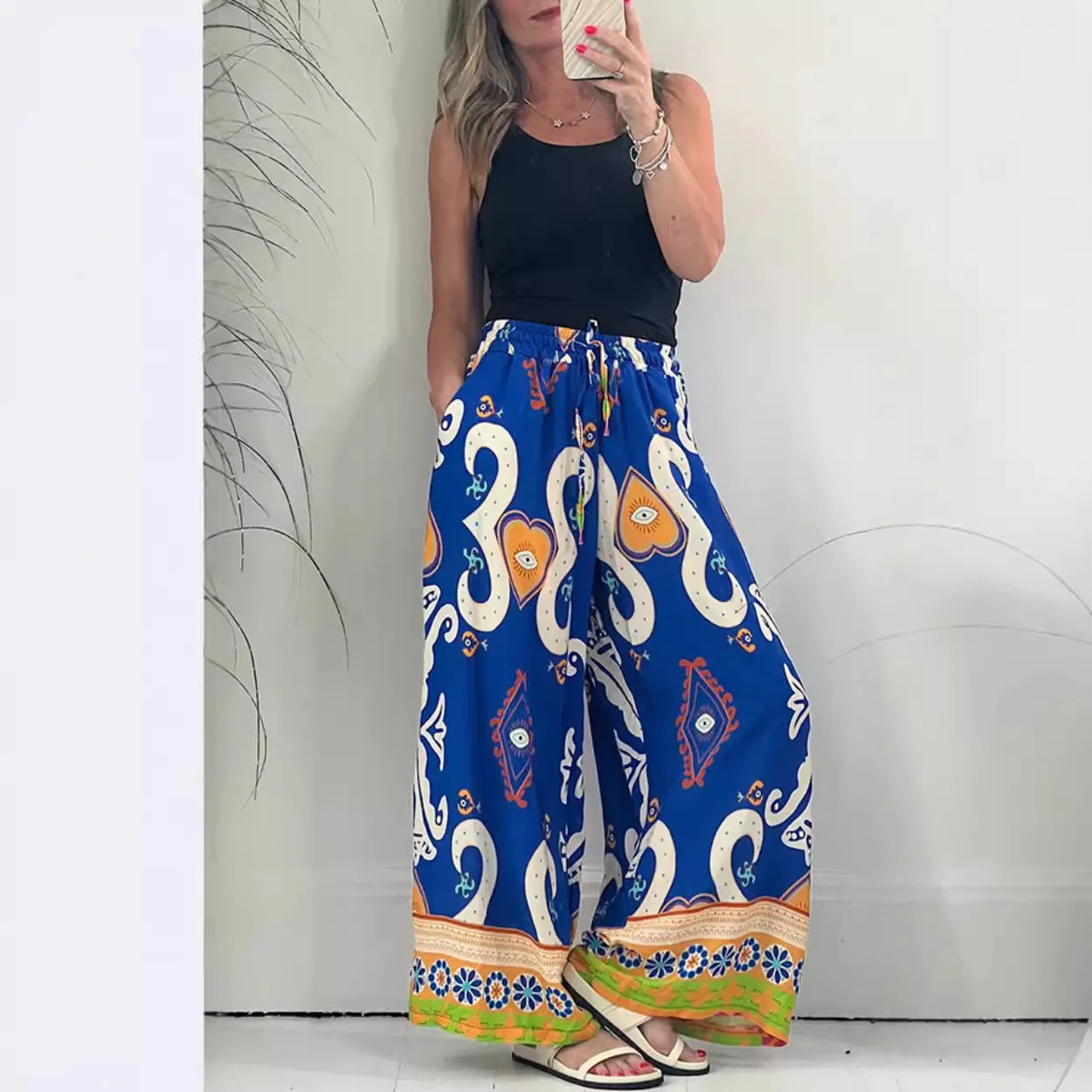 

New Summer And Autumn Printed Pocket Casual Loose Wide Leg Thin Women's Large Size Pants