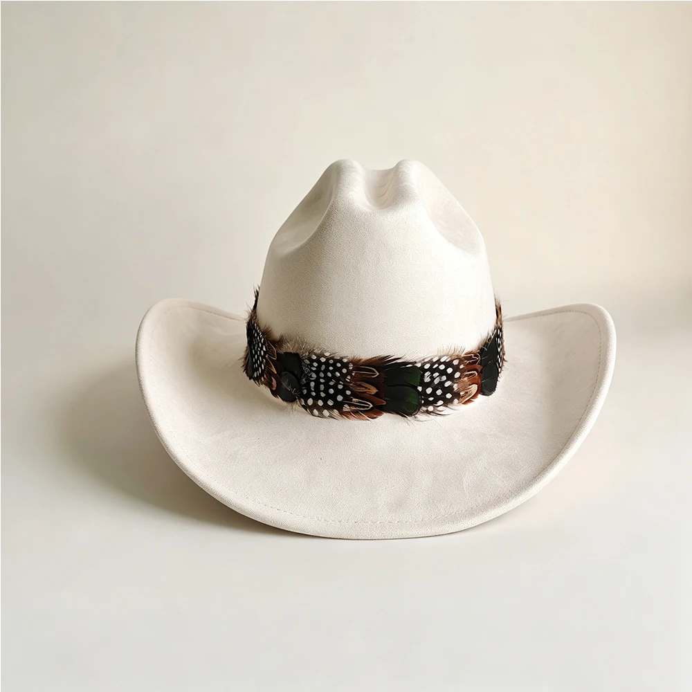 Suede Cowboy Hat with Feather Band for Men Women Western Outback Hat Vintage Rodeo Festival Party Costume Unisex Cowgirl Hat
