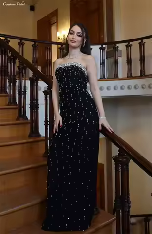 Contessa Custom evening dress prom dress formal gown wedding guest dress elegant strapless column crepe maxi crystal beaded trim