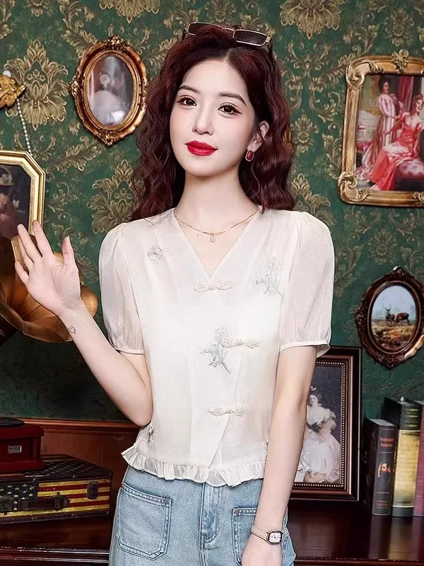 

Женский топ с V-образным вырезом и вышивкой снежинок, в китайском стиле, свободного кроя, для повседневной носки, летняя новинка