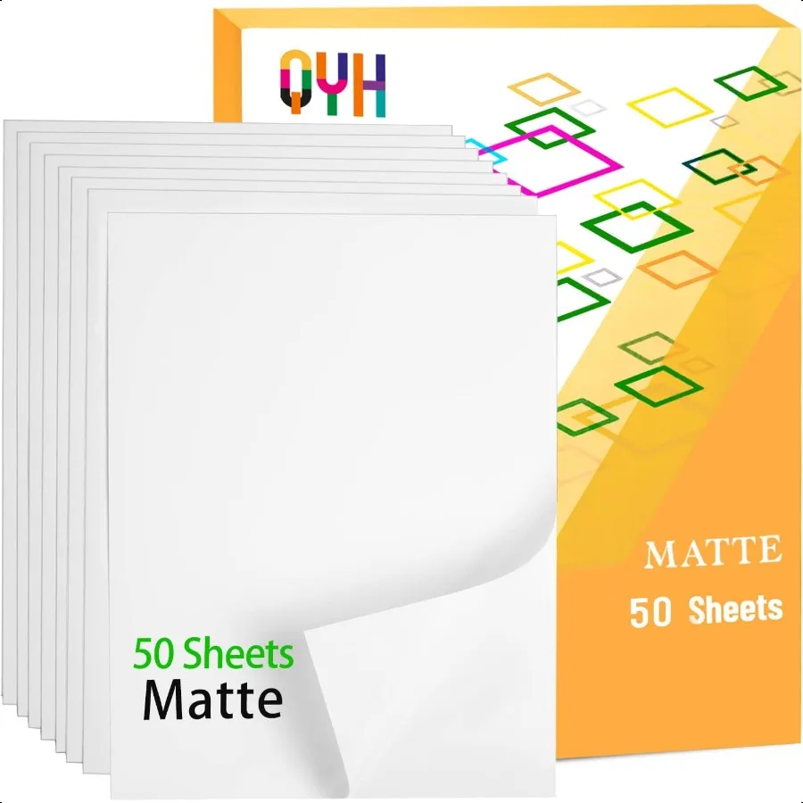 

Premium Printable Vinyl Sticker Paper 50 Matte White Waterproof Decal Paper Sheets for Inkjet Printer Standard Letter Size 8.5"