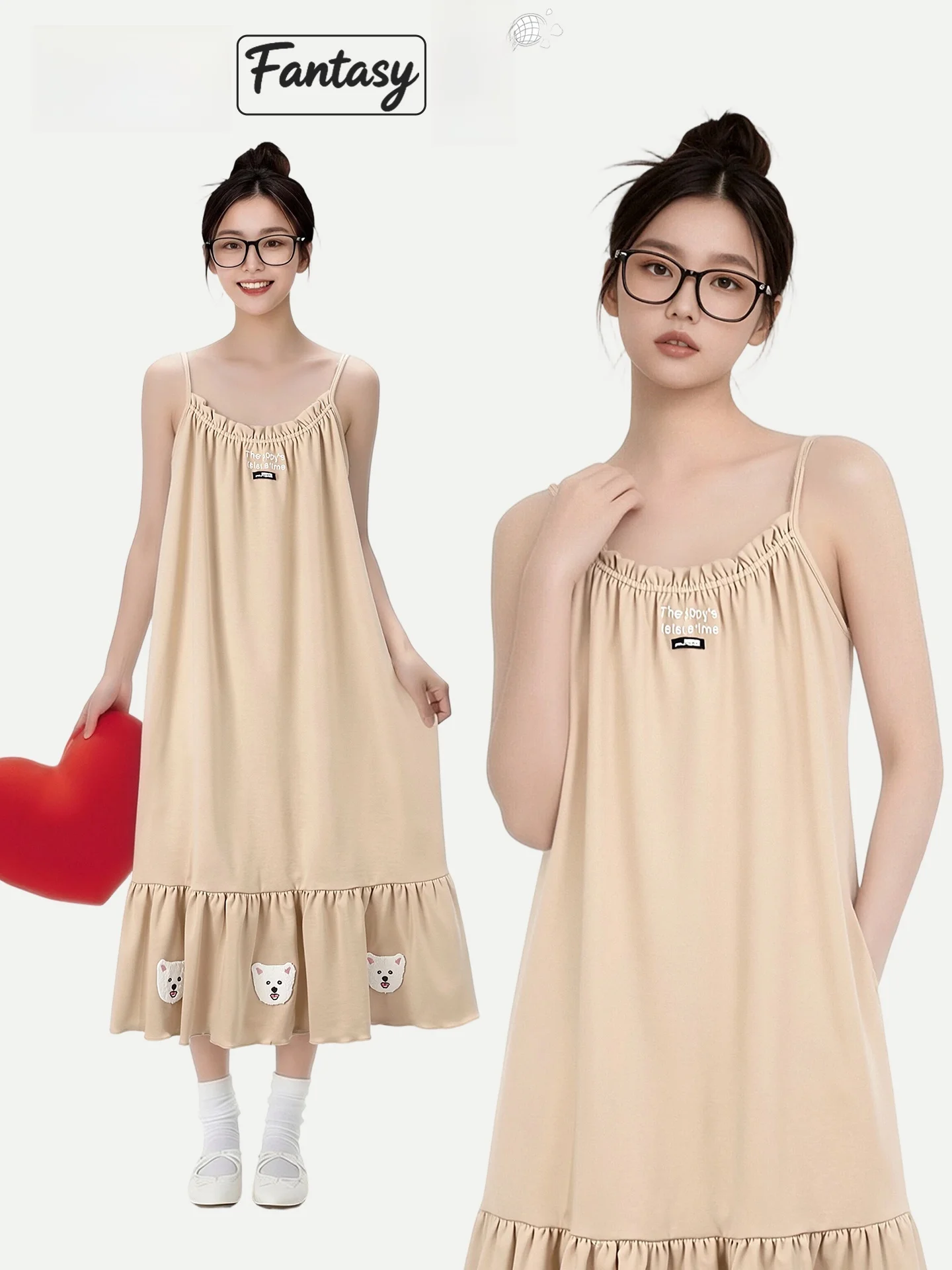 Cute Little  Pure Cotton Sleep Dress Women's Summer Strap Dress Can Be Worn outside Home Clothes Short Sleeve round Neck