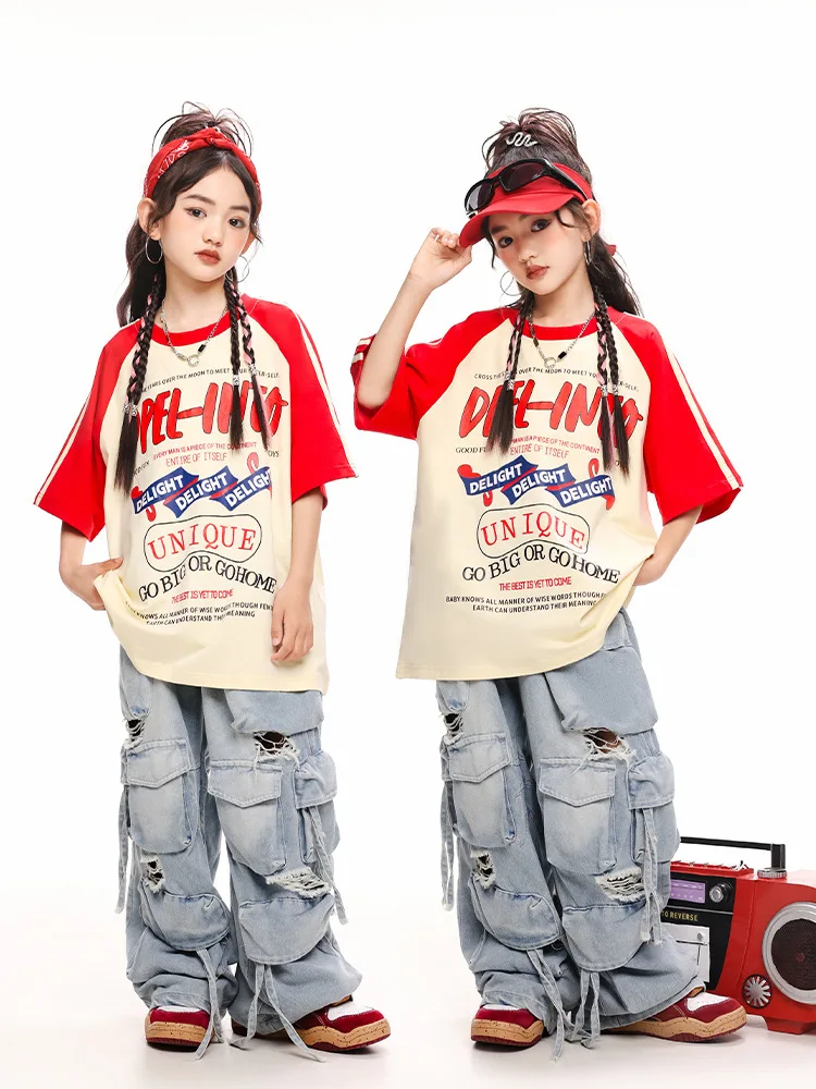Hip Hop Mädchen Kleidung Kinder Jazz Street Dance Kostüm Meter Rot T Shirt Denim Cargo Hosen für Jungen Performance Outfit