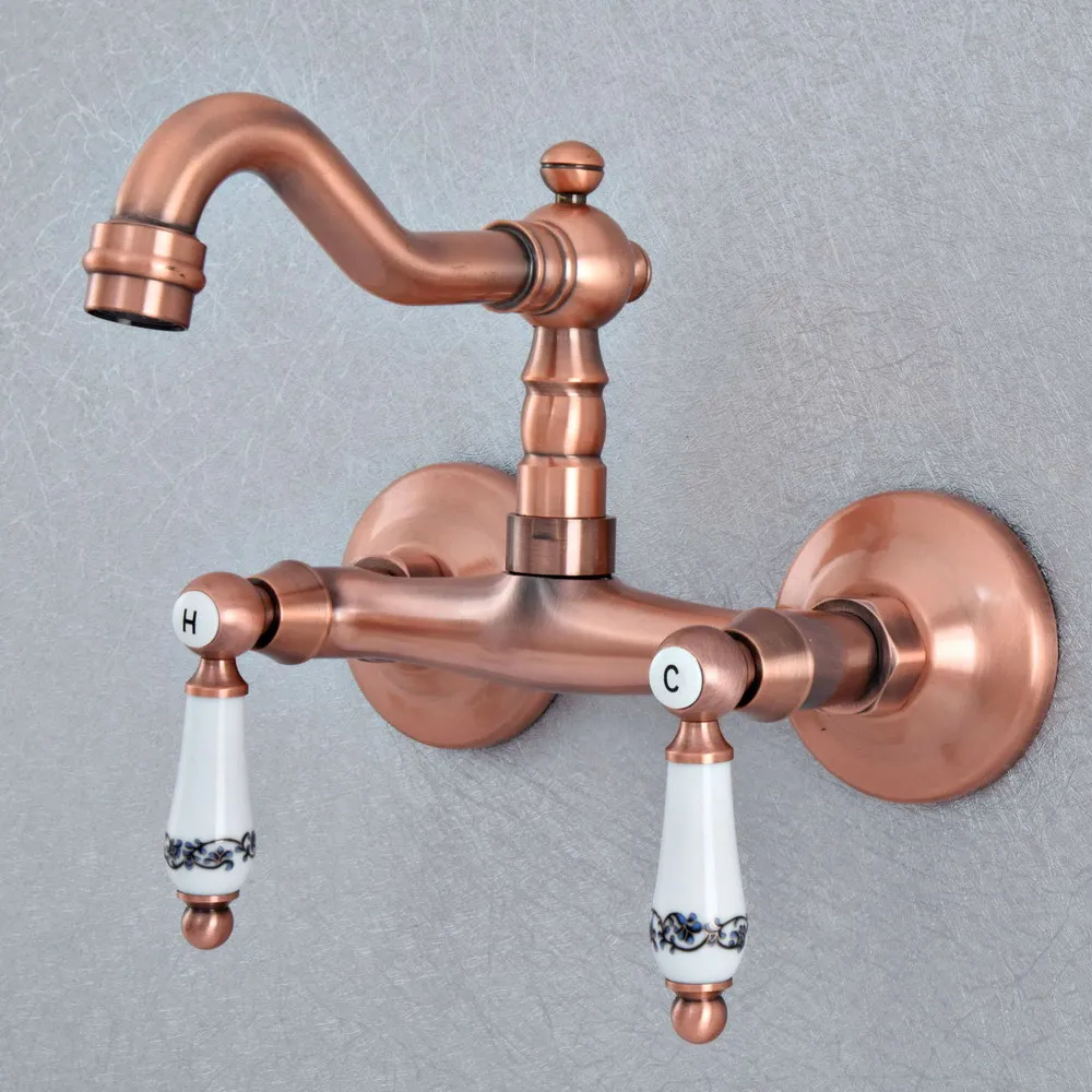 

Antique Red Copper Brass Wall Mounted Kitchen Wet Bar Bathroom Vessel Basin Sink Hot Cold Mixer Tap Swivel Spout Faucet msf893