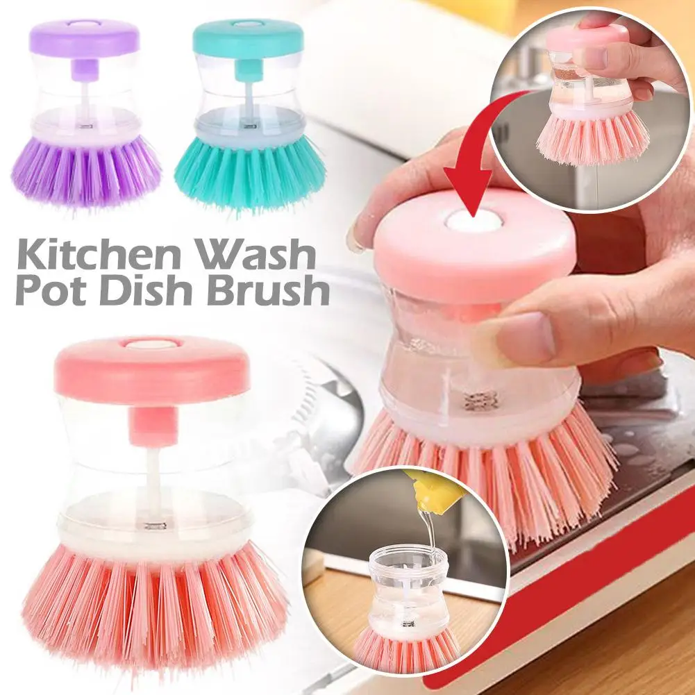 Kitchen Wash Pot Dish Brush With Soap Liquid Dispenser  Non-stick Oil Automatic Hydraulic Pot Manual Handheld Cleaning Tools