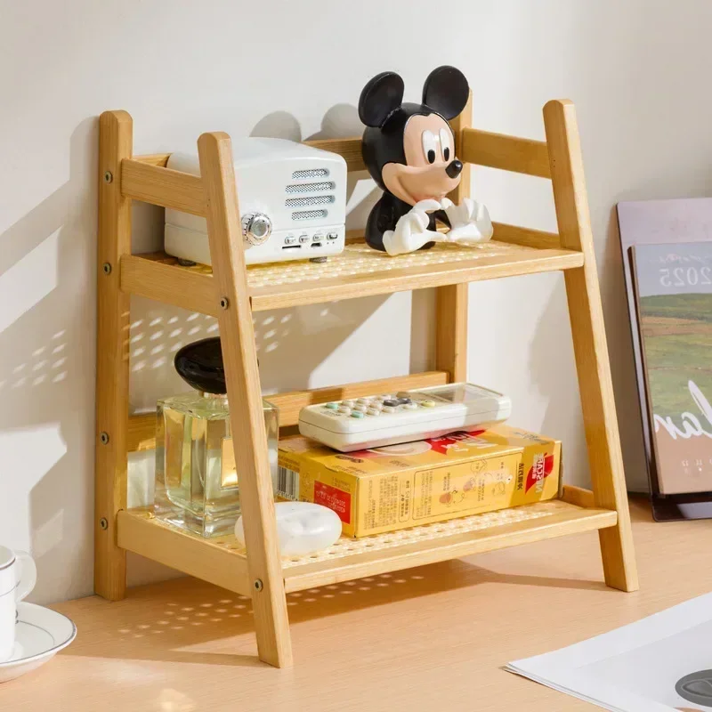 Multi-functional ins medieval rattan cream double-layer desktop rack dormitory bedroom office kitchen cup holder finishing rack