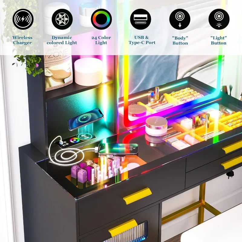 Vanity Desk with Mirror and Lights, RGB LED, Charging Station, 7 Dynamic and 24 Static Dimmable, Sensor Lights Dressing Table image 4