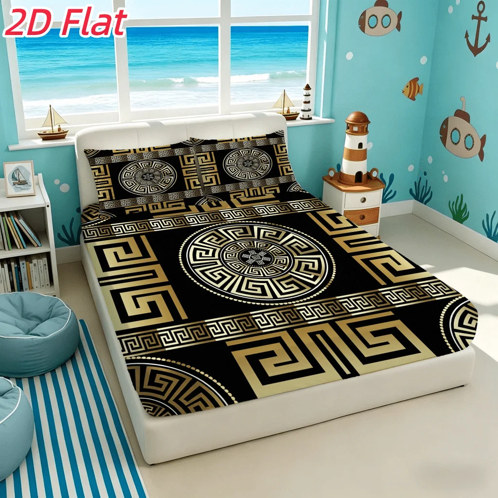 Christmas 2D Digital Print Three-Piece Bedding Set (includes 1 fitted sheet + 2 pillowcases) Mattress Protector, Fitted Sheet Style with Elastic Band, Protective Cover, Mattress Protector, Greek Pattern Fitted Sheet Set