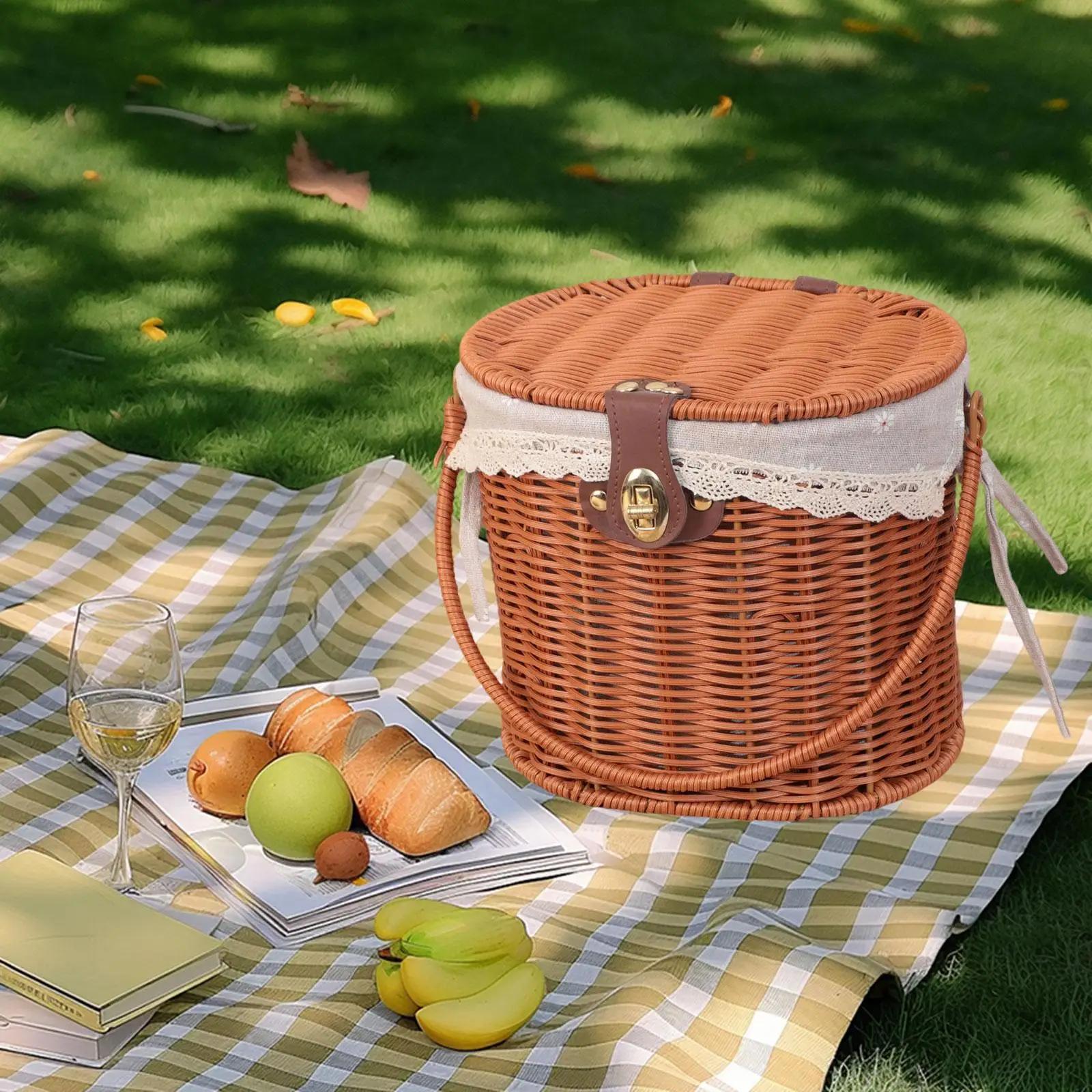 Picnic Basket Storage Container Portable Decorative Removable Lining Woven Basket Storage Hamper for Parties Beach Hiking