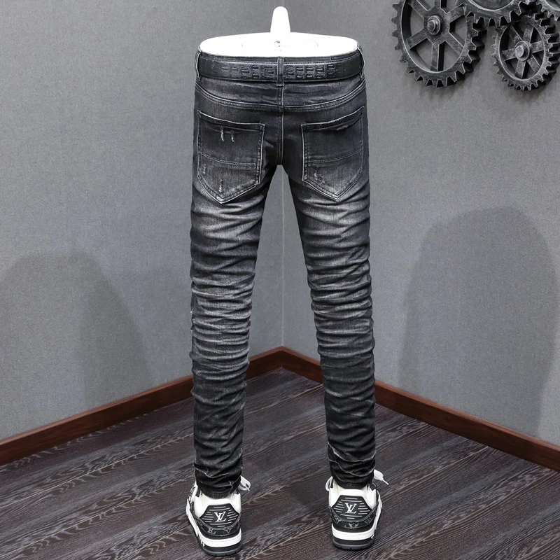 High street fashion jeans stretch slim fit washed jeans green patch hip-hop brand designer black pants hombre