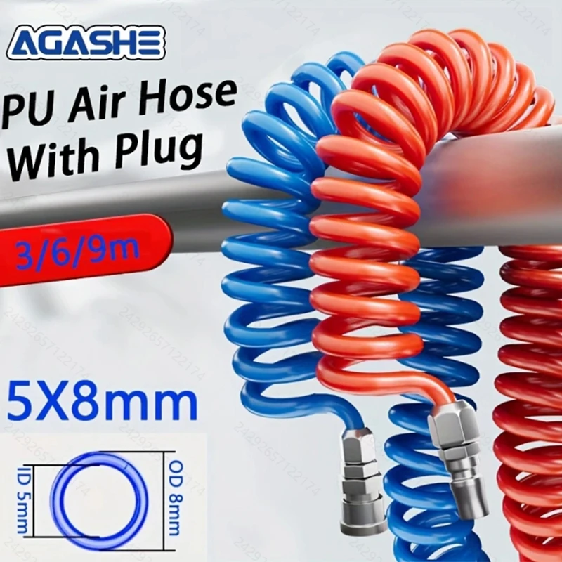 AGASHE 1Pcs Blue 3/6/9M Pneumatic PU Spiral Air Hose with Swivel Fittings, 10/20/30Ft, for Air Tools, Car Tire Inflator. Flexibl