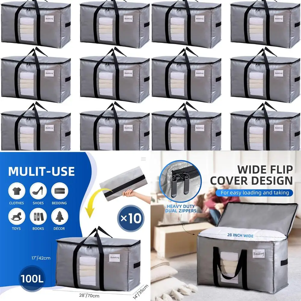 

10 Pack Silver Heavy-Duty Storage Bags with Clear Window and Wrap Handles, Space-Saving Alternative to Moving Boxes