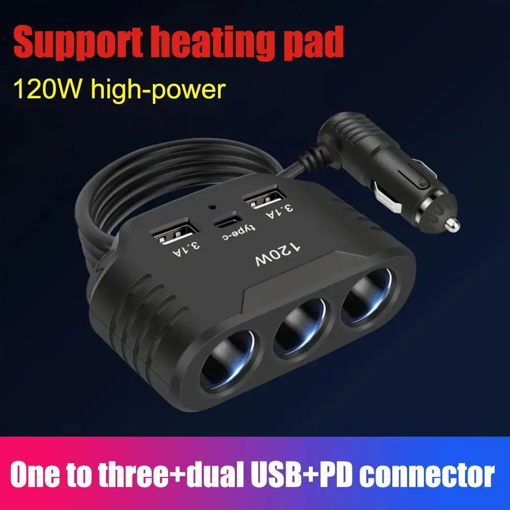 Isqueiro divisor Dual USB PD Car Charger, Plug Power Conversion, Adaptador de carga rápida para o telefone, 120W, 12V, 24V, 3 soquete