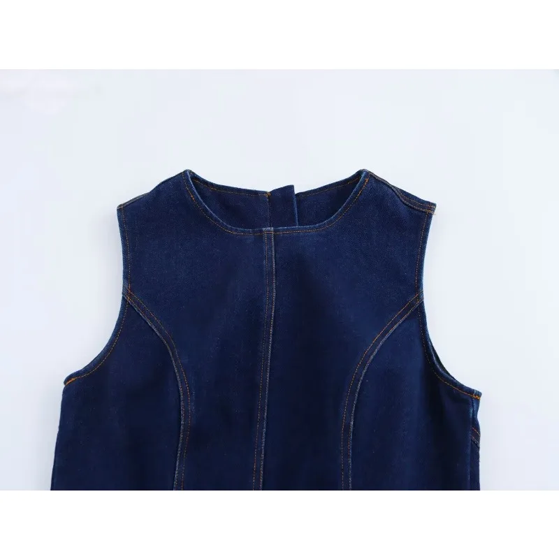 فستان نسائي عالي الخصر من قماش الدنيم على شكل حرف A بدون أكمام كاجوال للحفلات لربيع الخريف فستان طويل أنيق