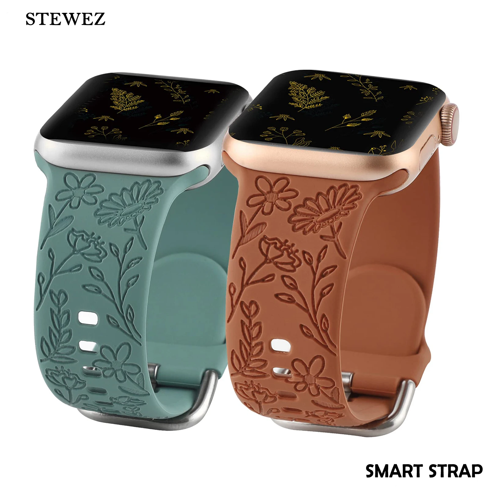 Silicone Strap for Apple Watch Band 3D Engraved Floral Grass Chain for Iwatch9876543Ultra38 40 41 44 45 49 42mm Women New Wrist